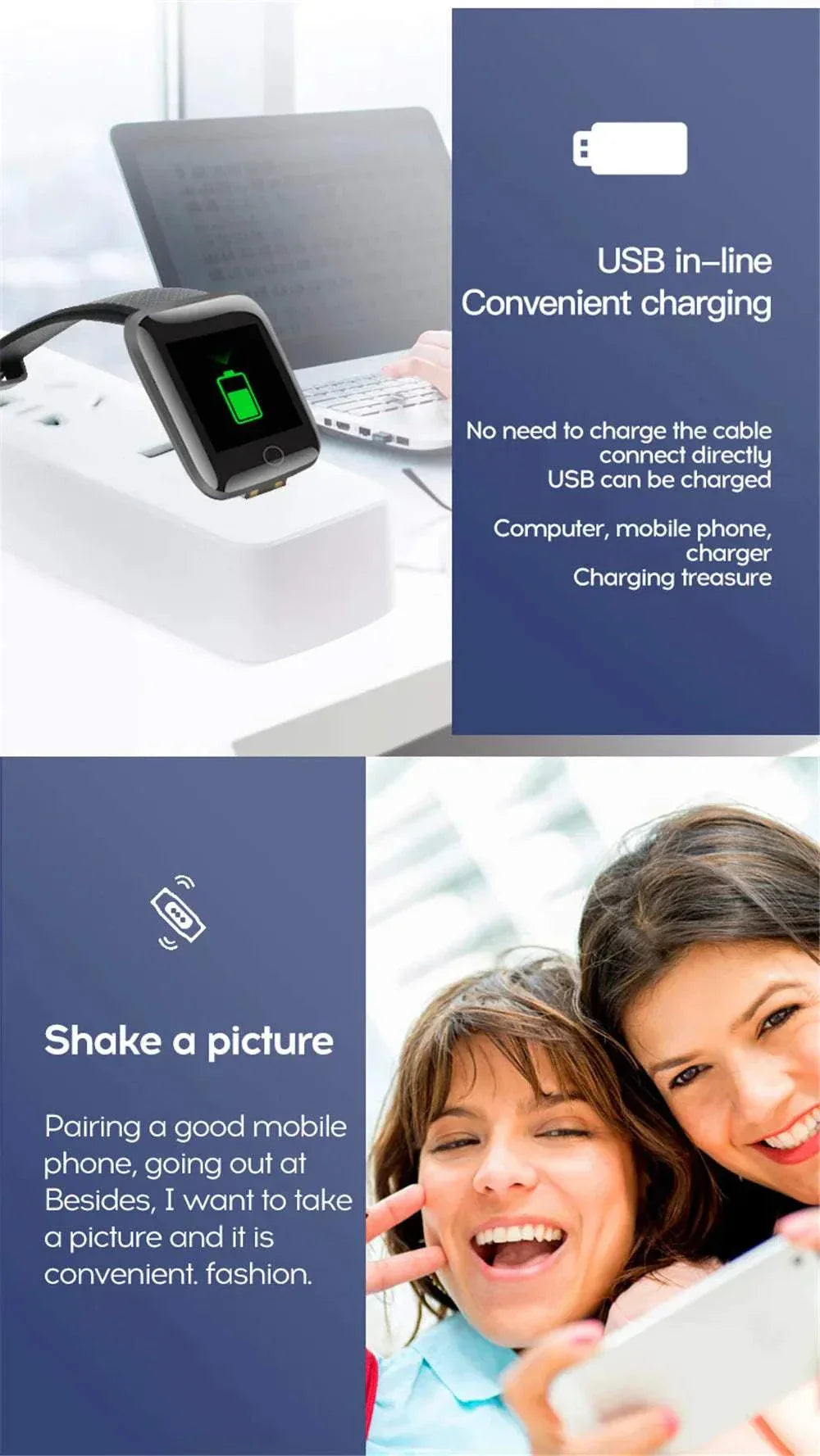 Multifunction Smart Watch with USB in-line charging and mobile phone pairing for fitness and notifications