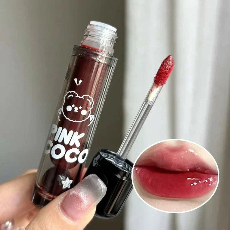 PINKCOCO Bear Doodle Mirror Lip Glaze with glossy red tint and cute bear packaging