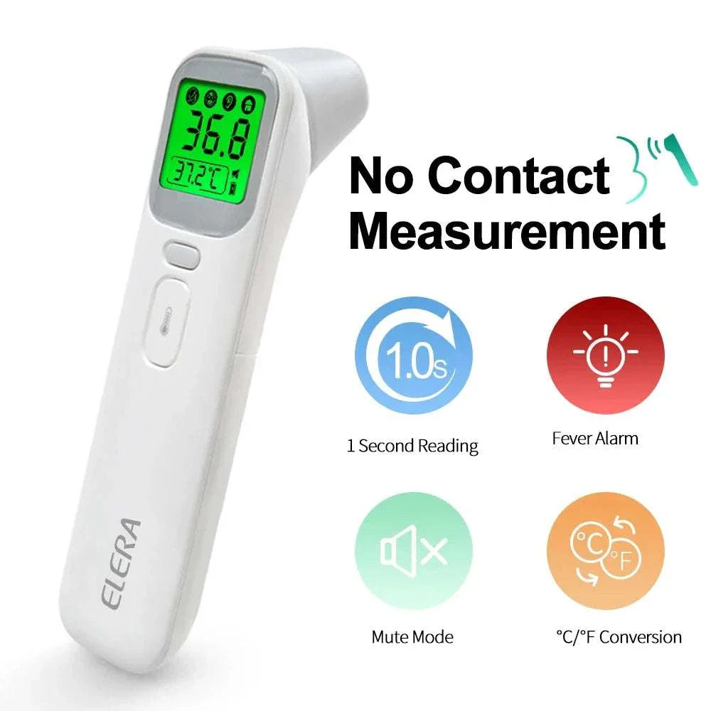 ELERA Infrared Digital Thermometer with no-contact measurement, 1-second reading, fever alarm, mute mode, and °C/°F conversion.