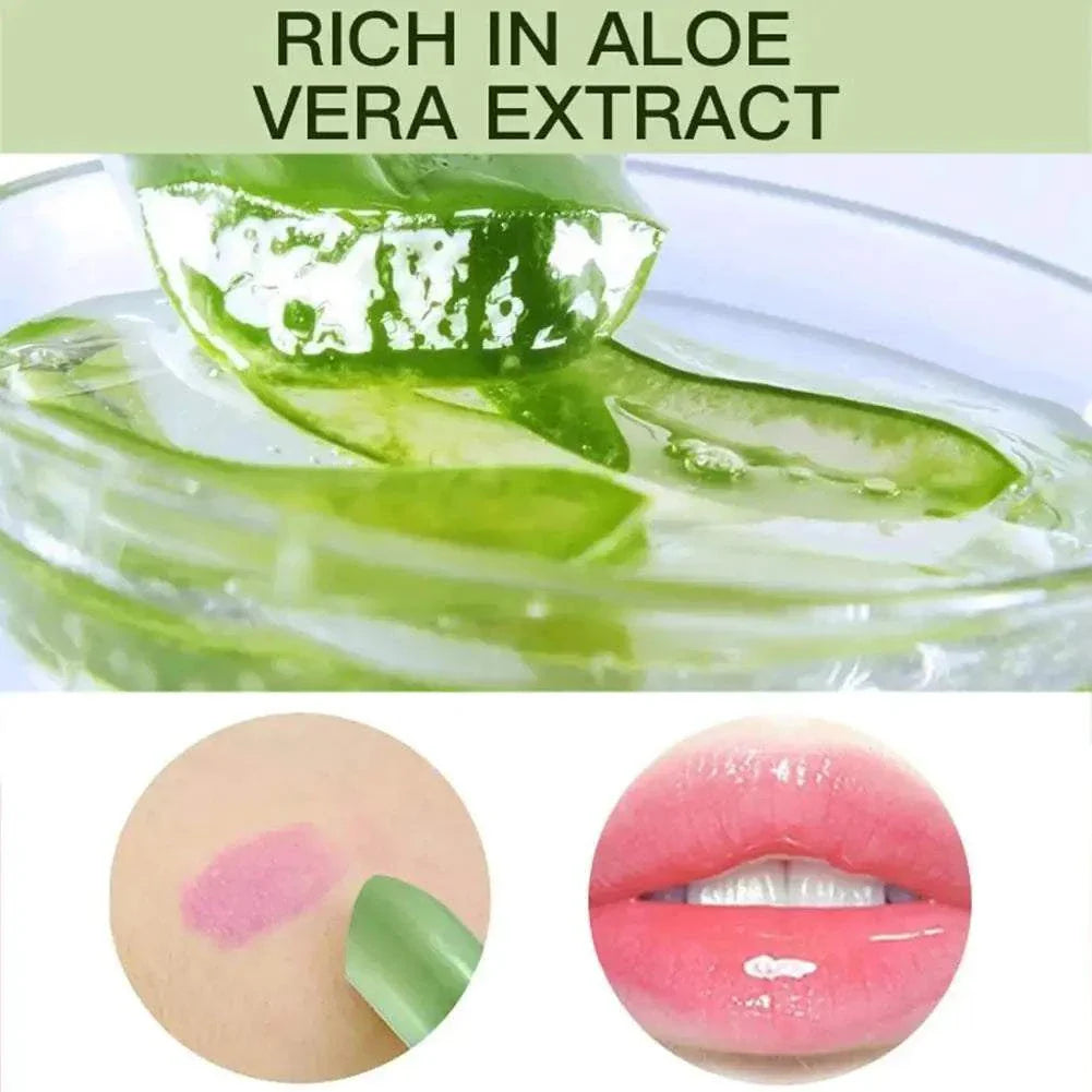 Aloe Vera Color-Changing Lipstick with moisturizing aloe extract, showing green balm and resulting in soft pink lips