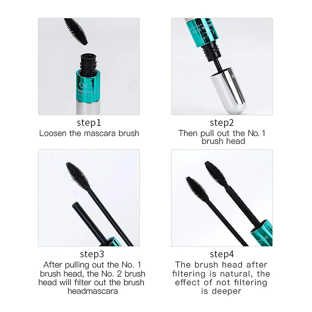 Double In-One Silk Fiber Mascara with waterproof, volumizing, and lengthening formula, showing step-by-step brush usage and natural to deep effect comparison.
