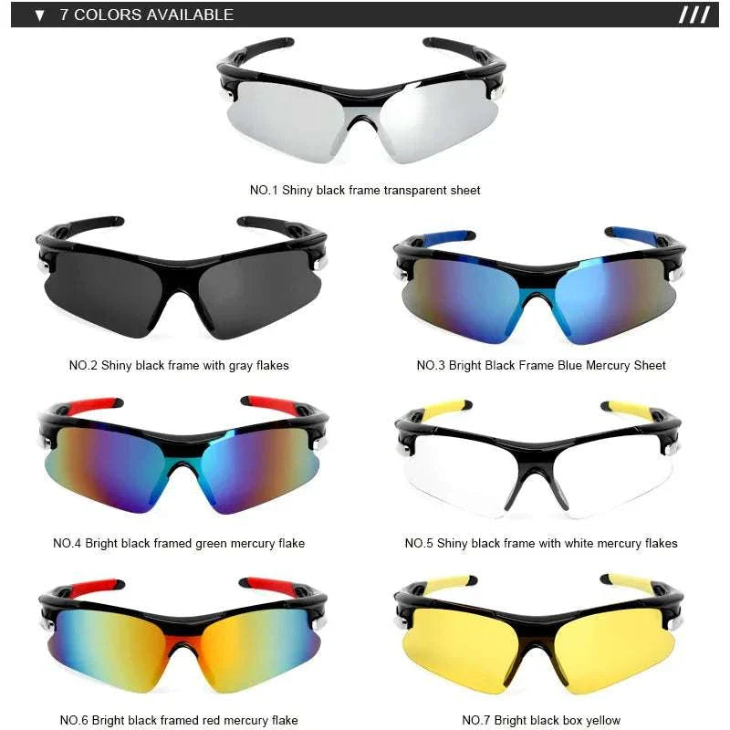 Collection of RIDRACE Sports Men Sunglasses in seven color variations with sporty, aerodynamic design and UV400 protection lenses for outdoor activities and cycling.