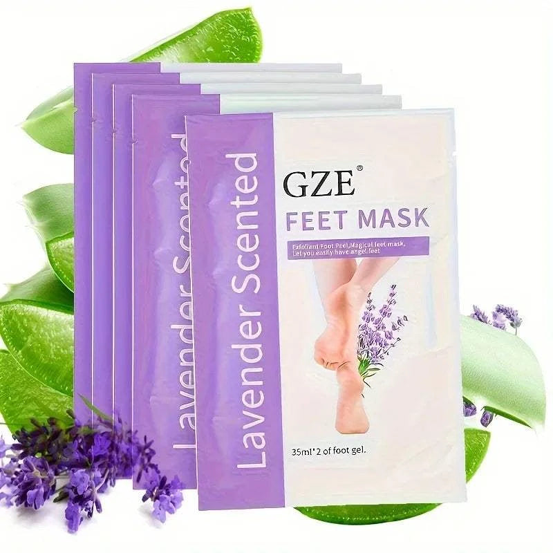 GZE Foot Peel Mask lavender scented exfoliating foot treatment with natural botanical ingredients and aloe vera.