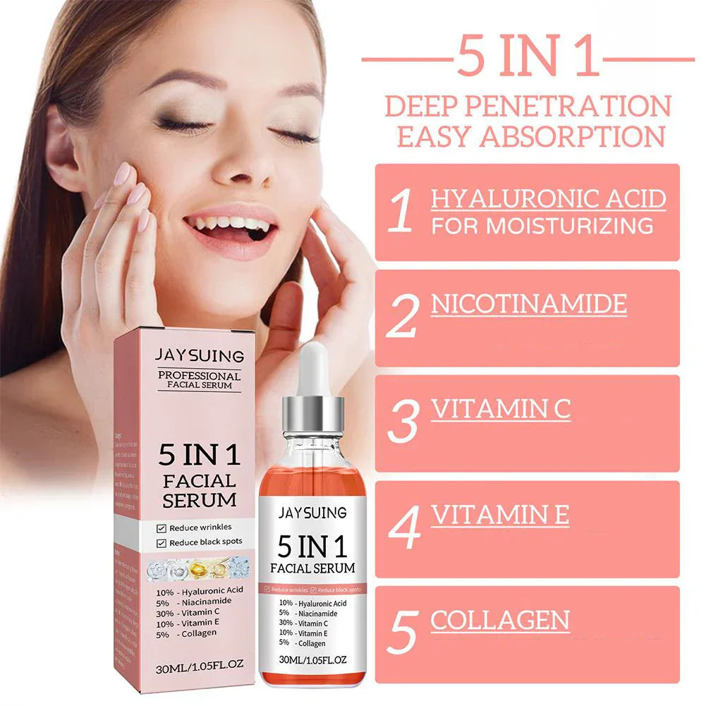 5 In 1 Fade firming face serum with hyaluronic acid, niacinamide, vitamin C, vitamin E, and collagen for moisturizing, fading fine lines, brightening, and shrinking pores