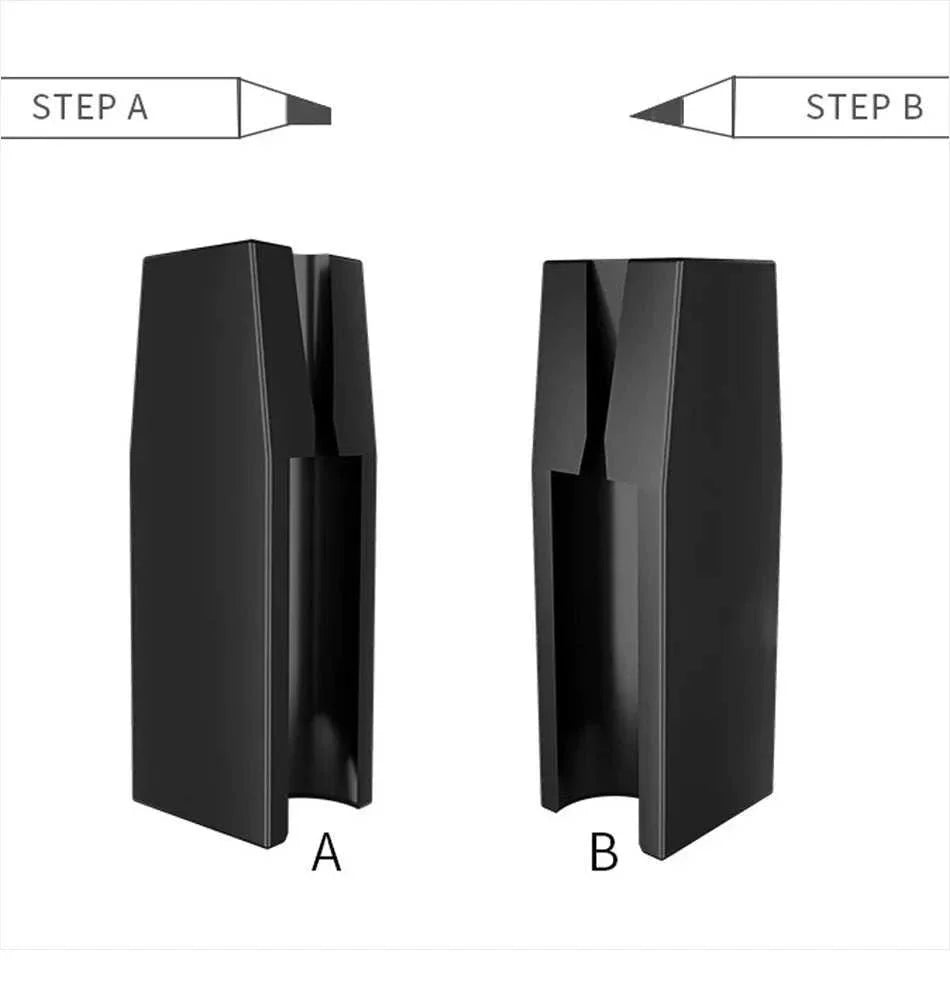 Black dual-slot sharpener for eyebrow pencil in Eyebrow Pencil & Trimmer Set with step A and step B usage instructions
