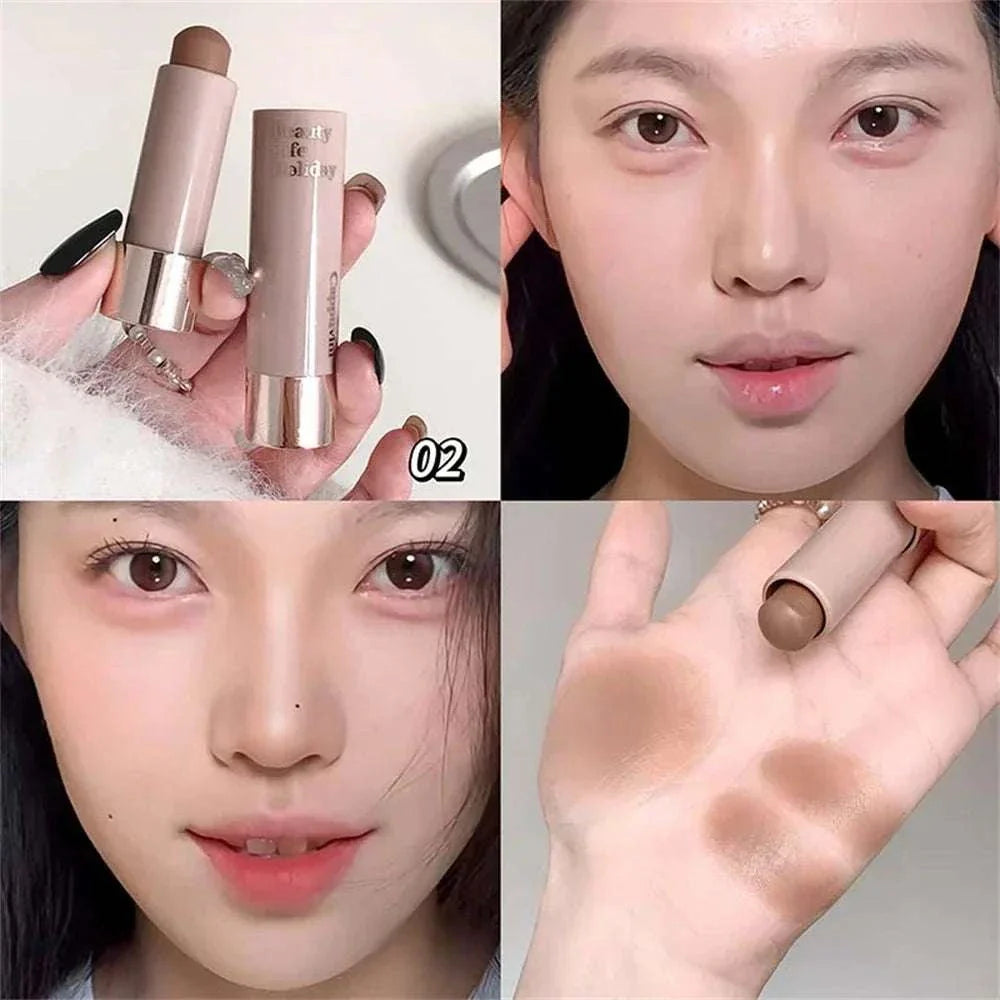 Moisturizing matte concealer contour stick with smooth, waterproof formula and 3D definition shown on model's face and hand swatches