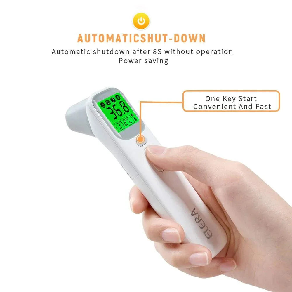 Hand holding ELERA Infrared Digital Thermometer with backlit LCD showing temperature reading and one-key start button pressed