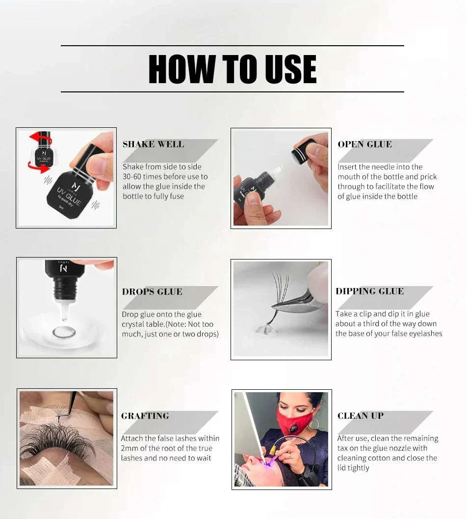 Instructions for using JOMAY UV Glue Adhesive for lash extensions with visual steps