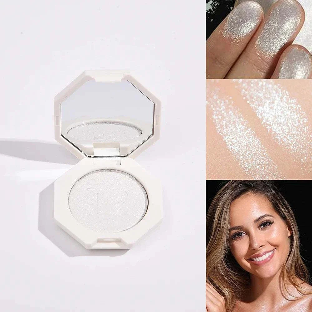 Face & Body Shimmering Highlighter in white compact with glitter swatches on fingers and skin, and a smiling woman with radiant makeup glow