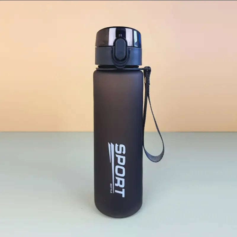 BPA-Free leak-proof black sports water bottle with secure screw-top lid and carrying strap for hiking and fitness