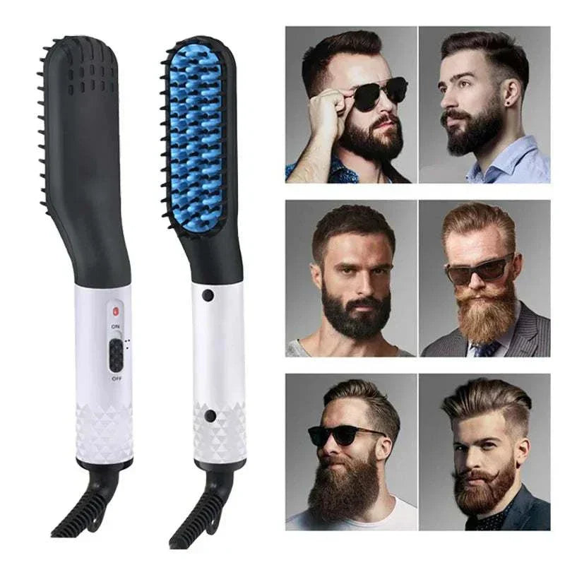 Man Hair Comb Brush Beard Straightener heating tool with anti-scald bristles for straightening hair and beard styling.
