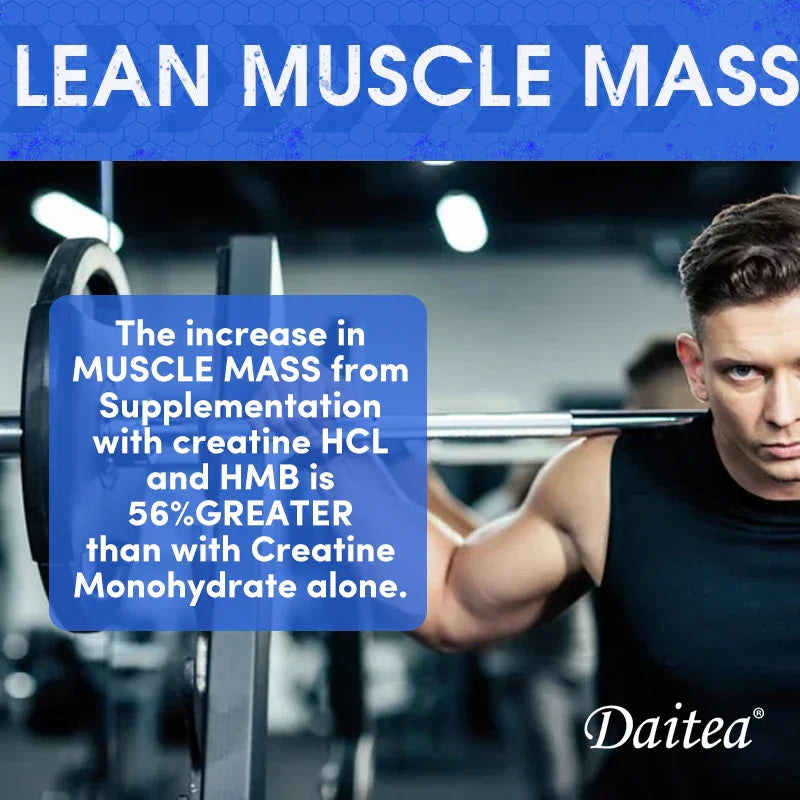 Man lifting barbell in gym with text about Daitea Creatine 3000 mg Monohydrate boosting lean muscle mass and muscle gain benefits