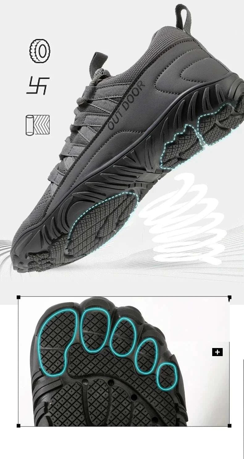 Black new hiking shoes with barefoot design, wide fit, breathable lightweight material, and durable traction sole for outdoor activities and casual wear.