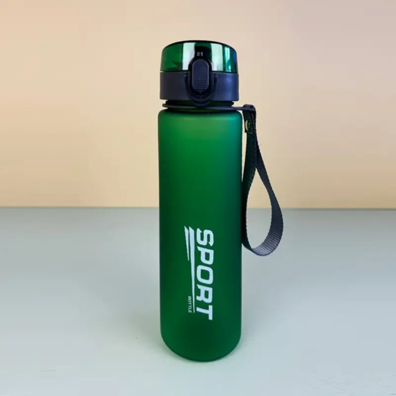Green BPA-Free Leak-Proof sports water bottle with secure lid and carrying strap for hiking and fitness.