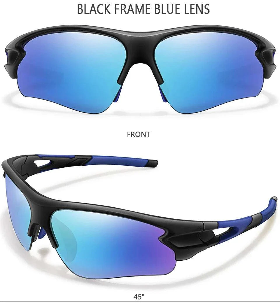 Black frame sporty unisex sunglasses with blue mirrored lenses for outdoor sports and UV400 protection