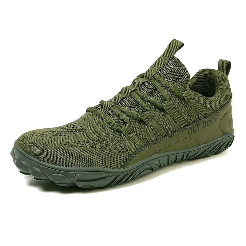 Olive green new hiking shoes with breathable mesh, lightweight barefoot design, wide fit, and durable traction sole for outdoor and indoor use.