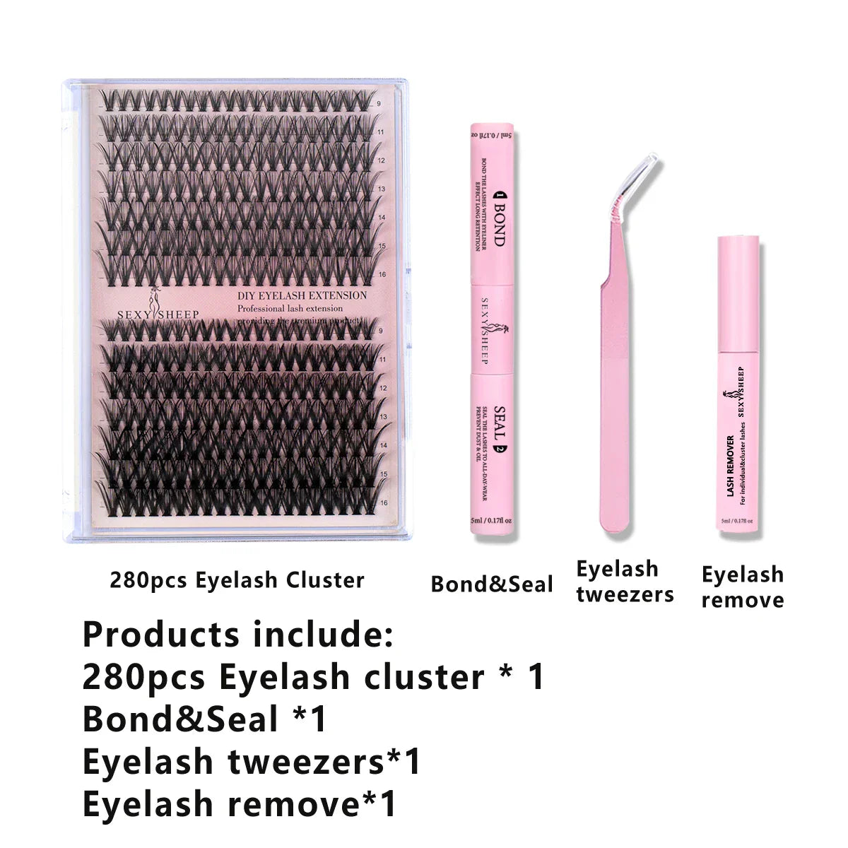 280pcs DIY Lash Extension Kit with cluster lashes, bond & seal, tweezers, and remover for salon-quality lash application at home