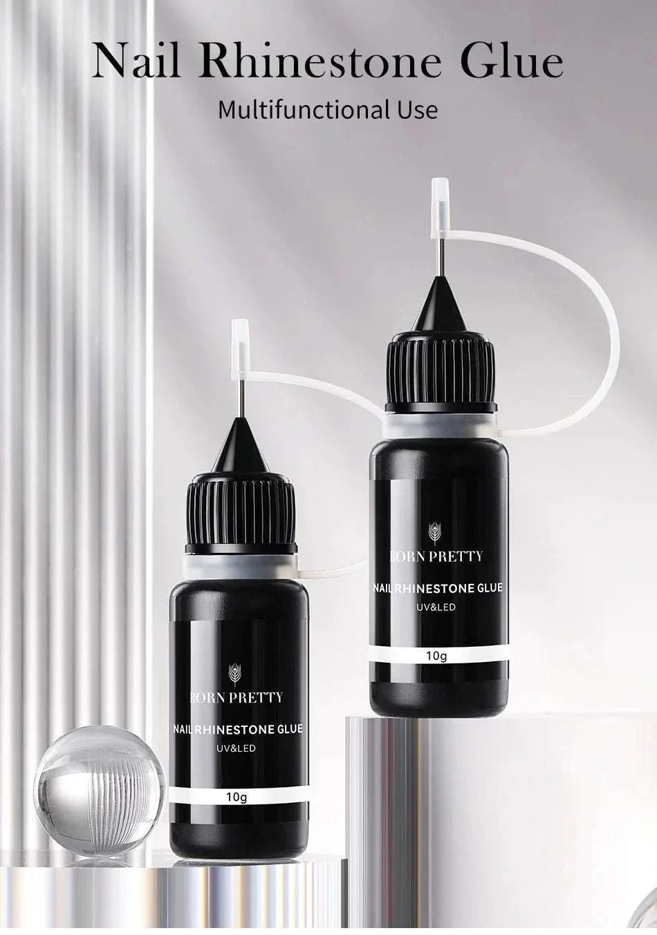 BORN PRETTY 10g Gel Nail Glue bottles for rhinestones with precision no-wipe formula and UV/LED curing.