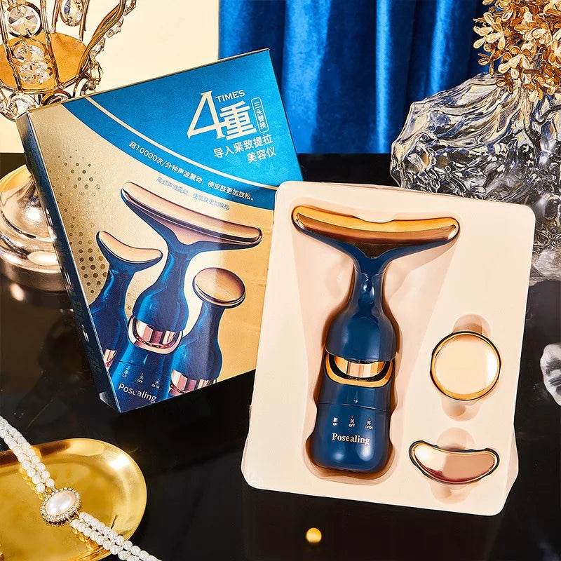 3-in-1 facial lifting device set with blue and gold design including neck, facial, and eye massage attachments next to product packaging
