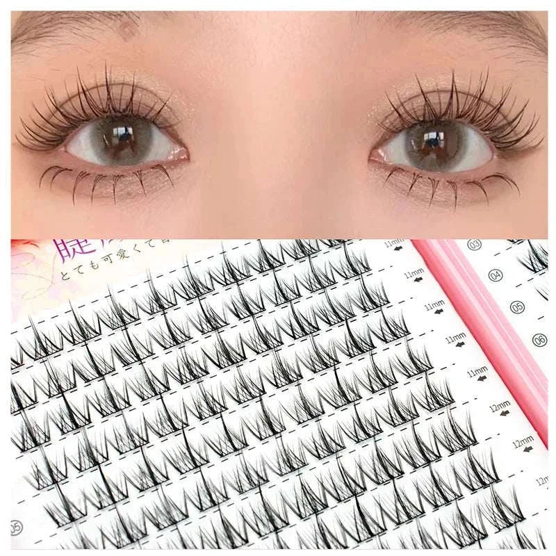 Close-up of eyes with long natural-looking lashes and the Flowerknow Eyelash Extension Book showing 32 rows of individual cluster lashes for professional and personal use