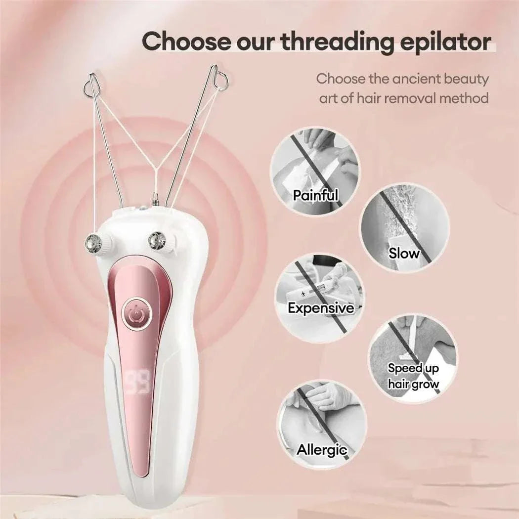 Electric body hair remover with cotton thread epilation technology for pain-free, fast, and chemical-free hair removal.