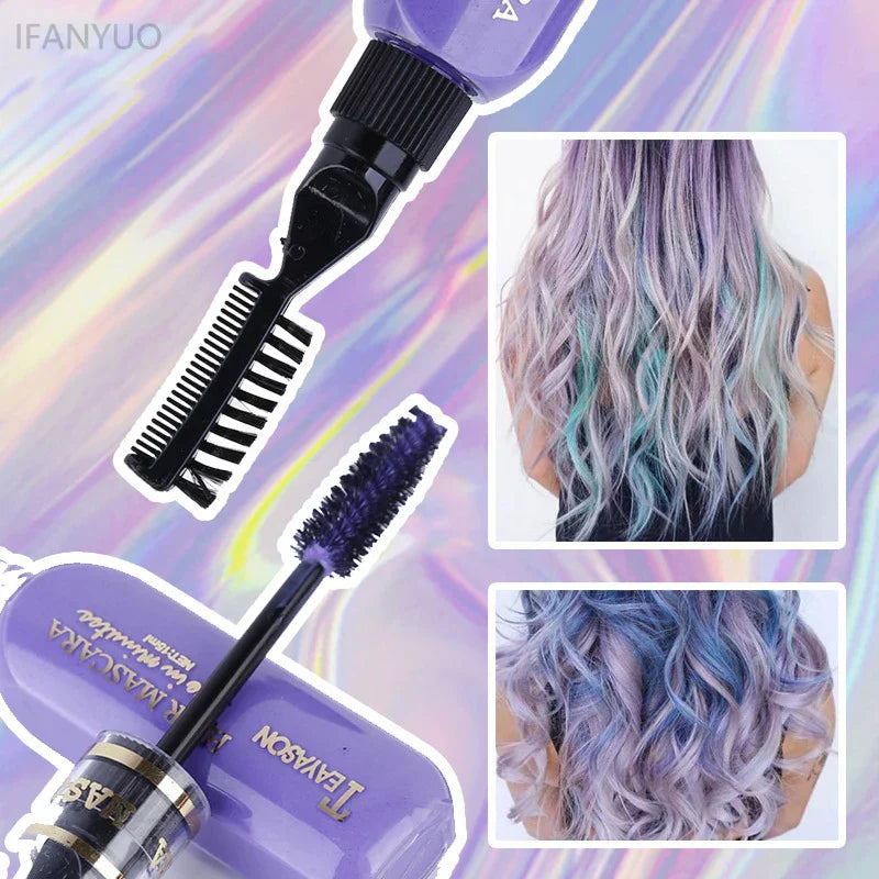 13 Colors One-Off Hair Color Mascara with brush applicator and examples of pastel purple and blue dyed hair strands