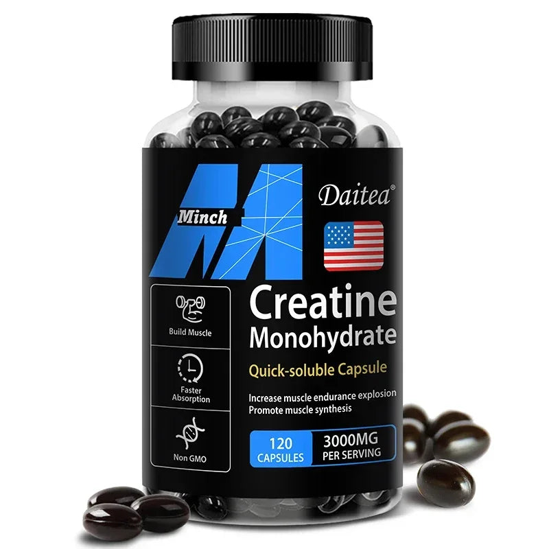 Daitea Creatine 3000 mg Monohydrate quick-soluble capsules for muscle endurance and synthesis, 120 non-GMO capsules per bottle