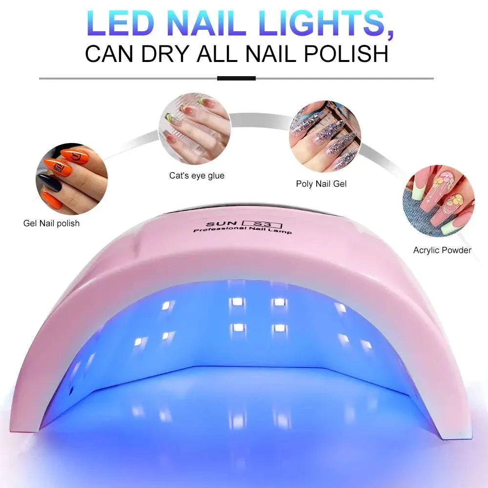 88W LED UV Nail Lamp with blue light curing gel, cat's eye glue, poly nail gel, and acrylic powder drying capabilities