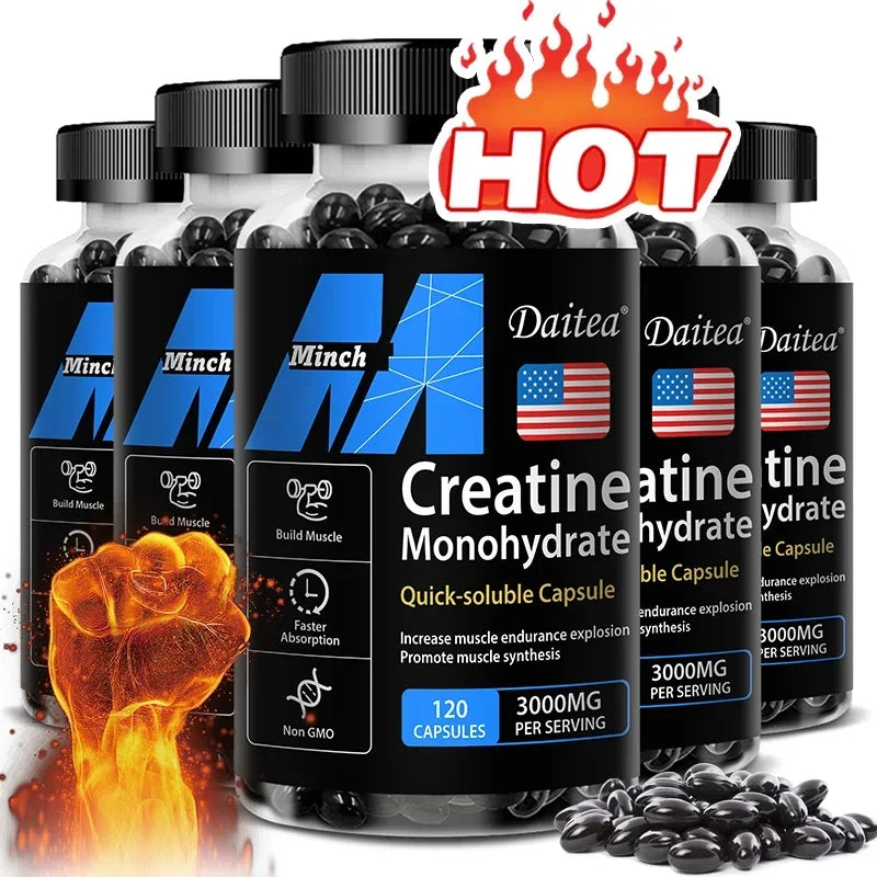 Daitea Creatine 3000 mg Monohydrate quick-soluble capsules for muscle endurance and synthesis, 120 count, non-GMO.