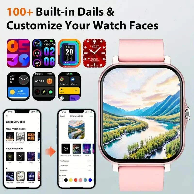 KESHUYOU 2025 Smart Watch with customizable watch faces and 100+ built-in dials shown on pink band and smartphone screens.