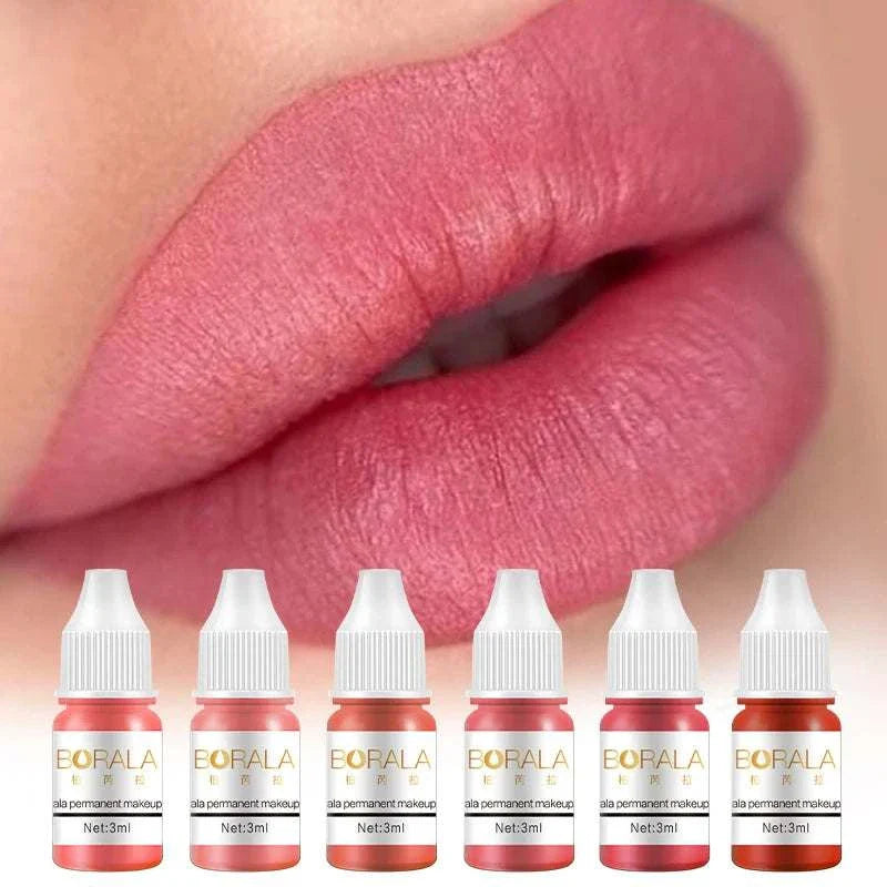 Close-up of lips with pink permanent makeup tattoo pigments and six 3ML Borala 26 Colors pigment bottles for lips, eyebrows, and eyeliner.