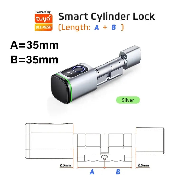 AYKUBE V1 Smart Cylinder Lock in silver with Tuya BLE, fingerprint, IC card, and password unlock, compact 35mm+35mm design