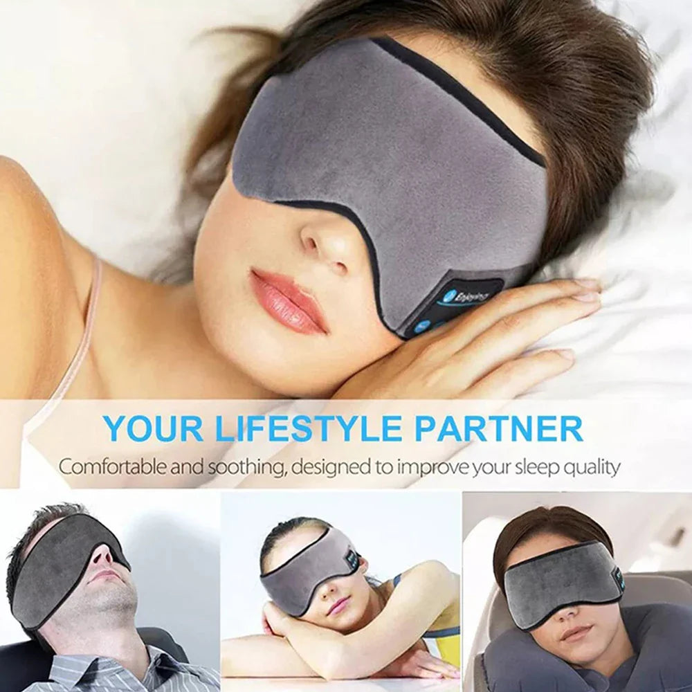 Woman sleeping with Fone Bluetooth Earphones sports sleeping headband, black eye mask with built-in Bluetooth earphones for comfort and sound.