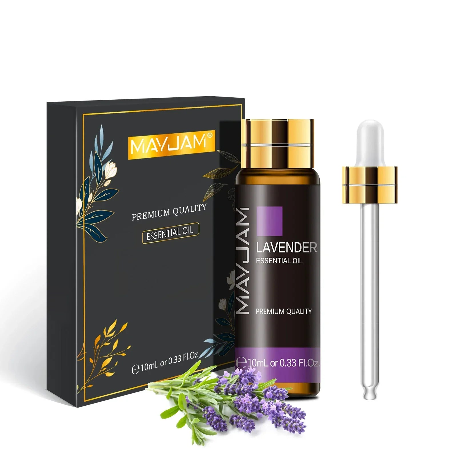 MAYJAM Lavender Essential Oil 10ml bottle with golden cap, dropper, black packaging box, and fresh lavender sprigs