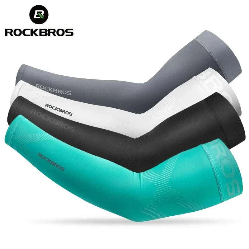 Set of four ROCKBROS Ice Fabric Arm Warmers in gray, white, black, and teal, designed for cooling, UV protection, and moisture-wicking during outdoor sports.