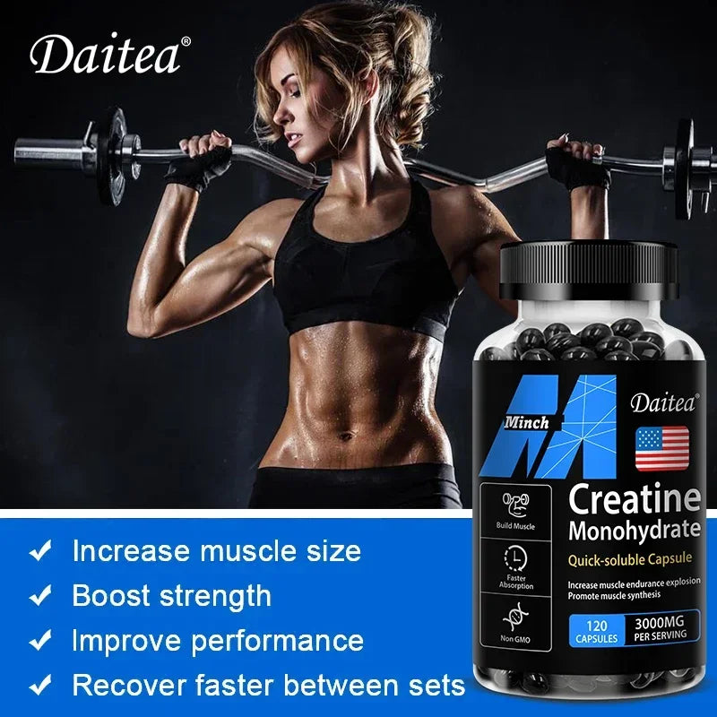 Daitea Creatine 3000 mg Monohydrate supplement bottle with muscular woman lifting barbell.