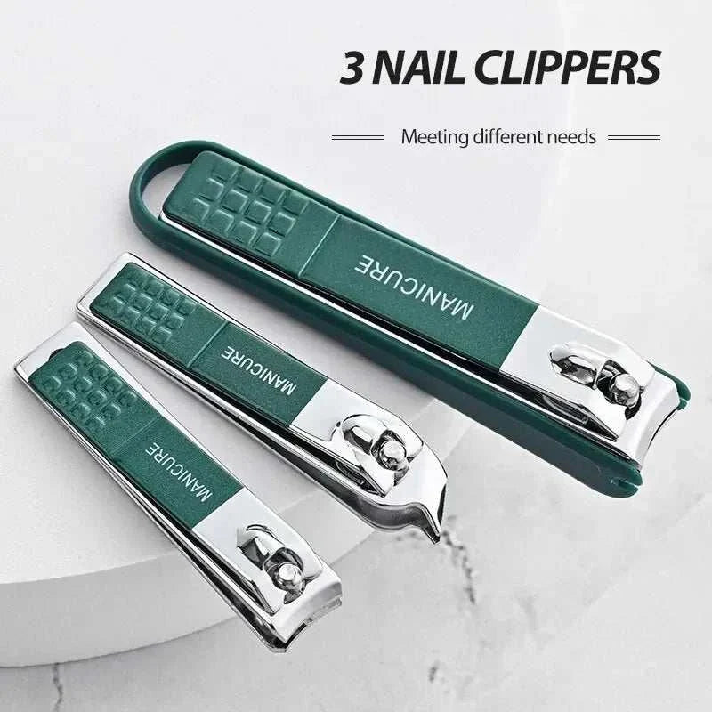 Set of three ergonomic green and silver nail clippers for manicure and pedicure needs