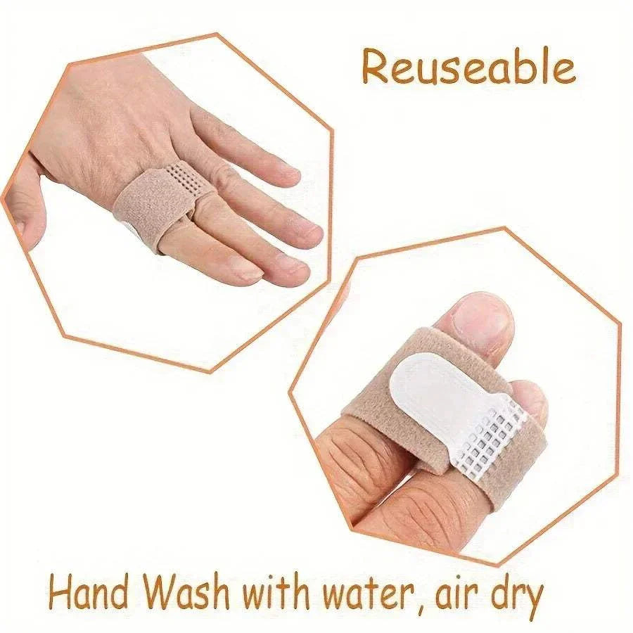 Reusable Hammer Toe Straightener worn on finger demonstrating adjustable strap and washable material