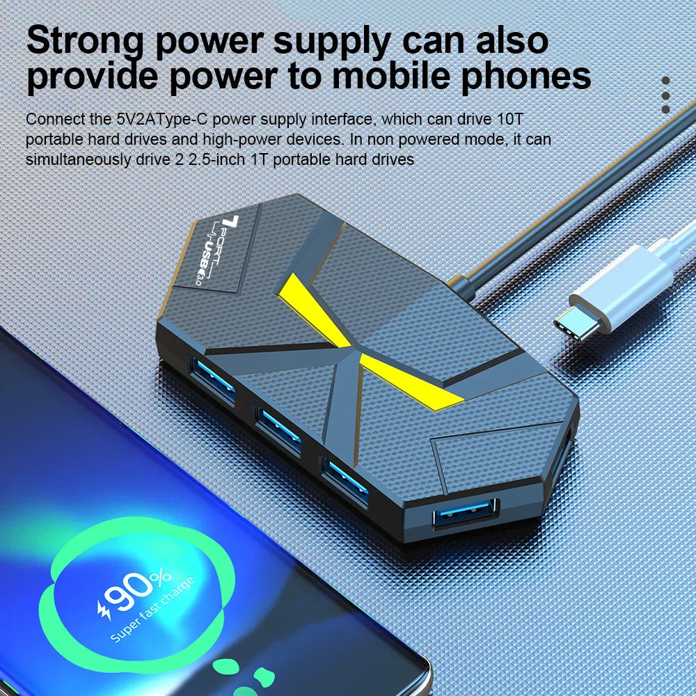 7-Port USB 3.0 high-speed docking station with strong power supply and Type-C compatibility for fast mobile phone charging