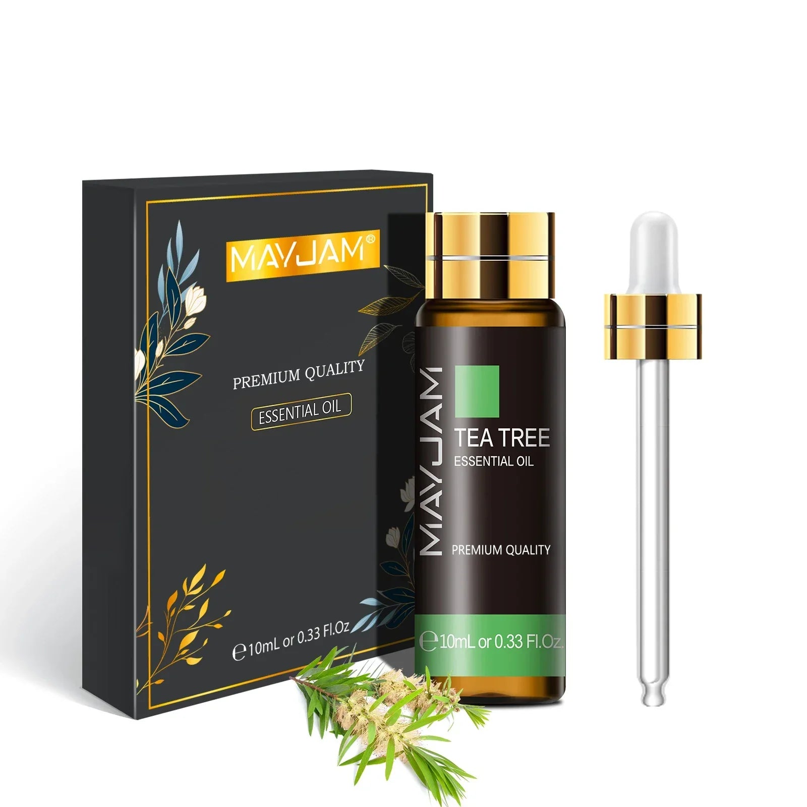 MAYJAM Essential Oil Tea Tree 10ml bottle with dropper and black premium quality packaging