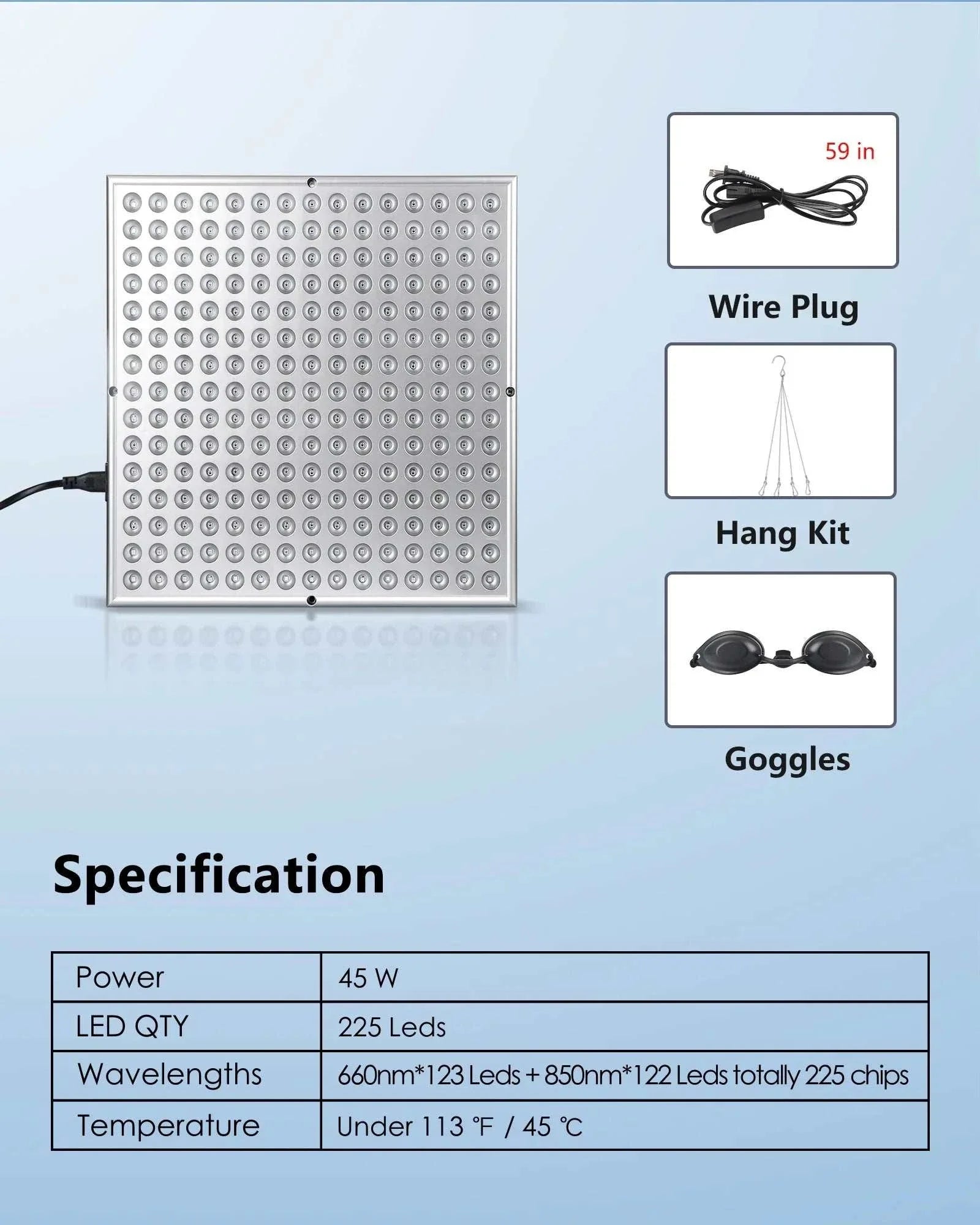 45W LED Red Light Therapy Panel with 225 LEDs, dual wavelength 660nm and 850nm, includes wire plug, hang kit, and protective goggles for skin care and pain relief