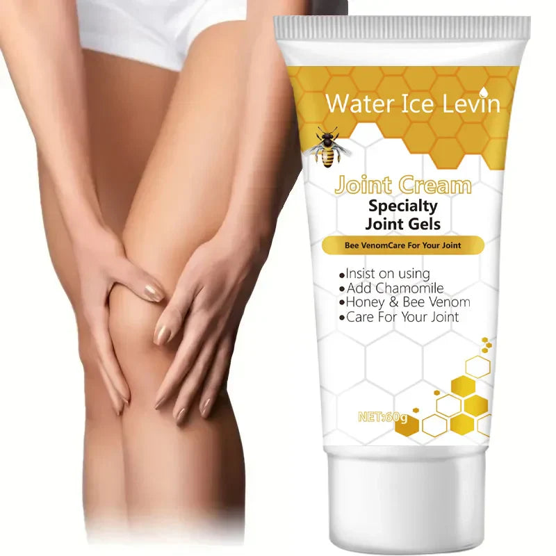 tube of Bee Venom Joint Cream next to hands applying cream on knee for joint relief