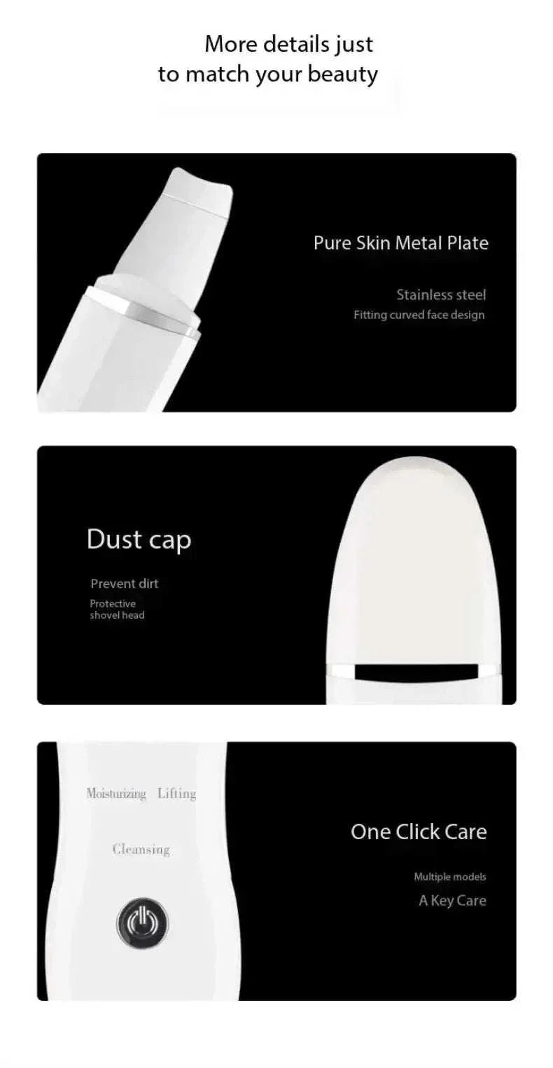 Blackhead remover device with stainless steel metal plate, dust cap, and one-click care button for deep pore cleansing and acne care.