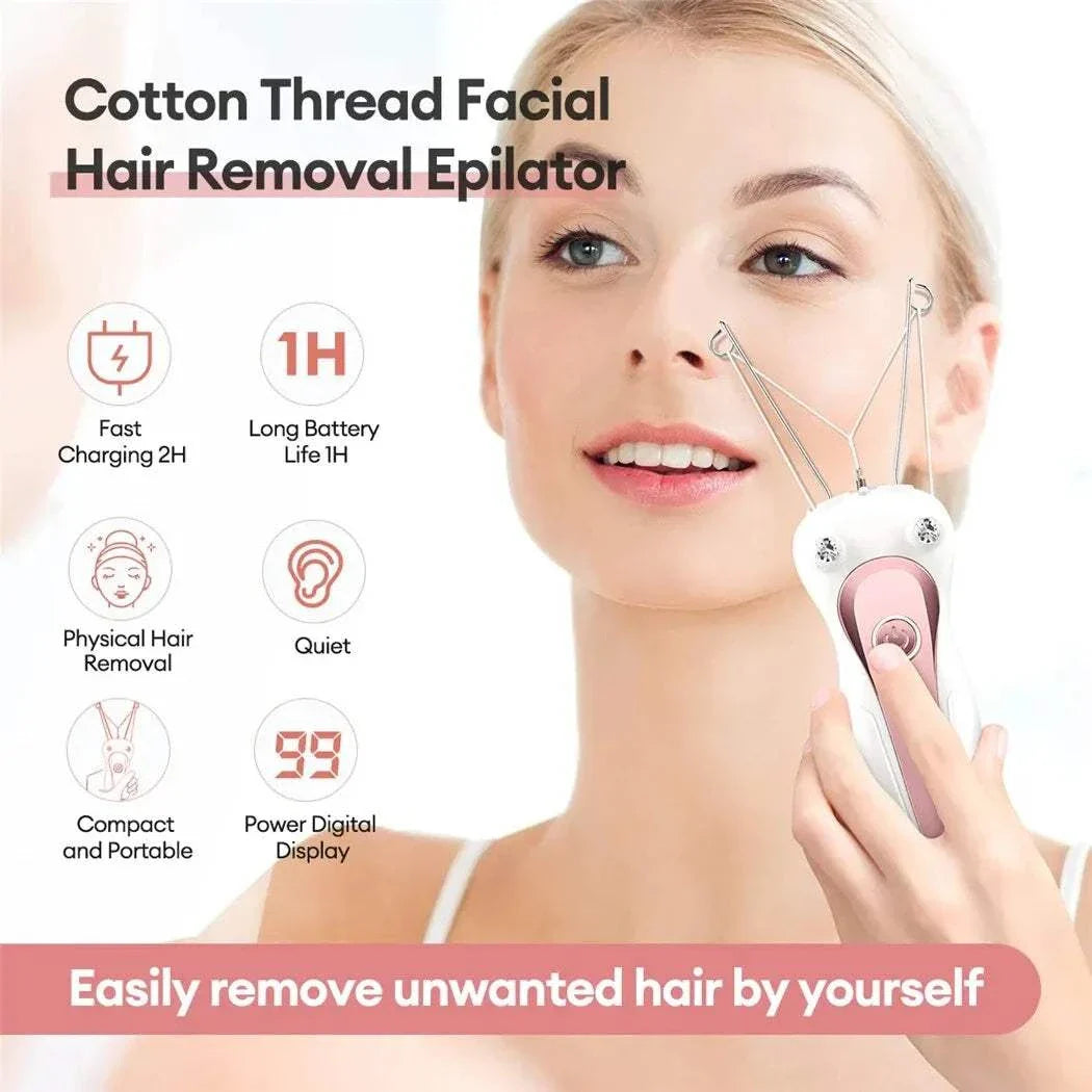 Woman using cordless electric body hair remover with cotton thread epilation technology for facial hair removal