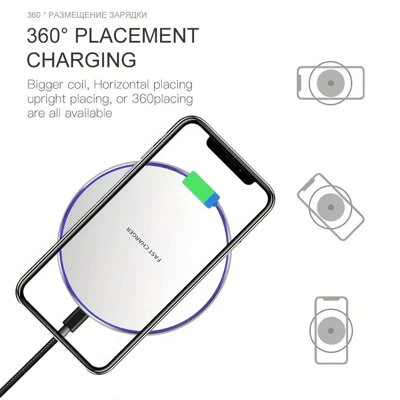 30W wireless charging pad with 360-degree placement for fast, universal Qi charging of smartphones