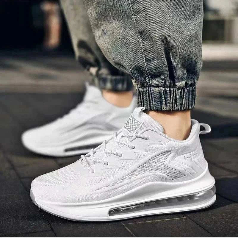 Men's casual white air cushion running shoes with breathable mesh upper and durable outsole grip