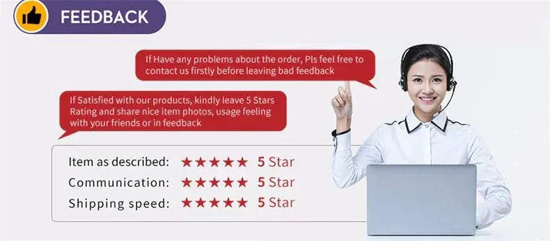 Customer service representative with headset giving feedback instructions for men's hiking shoes order satisfaction.