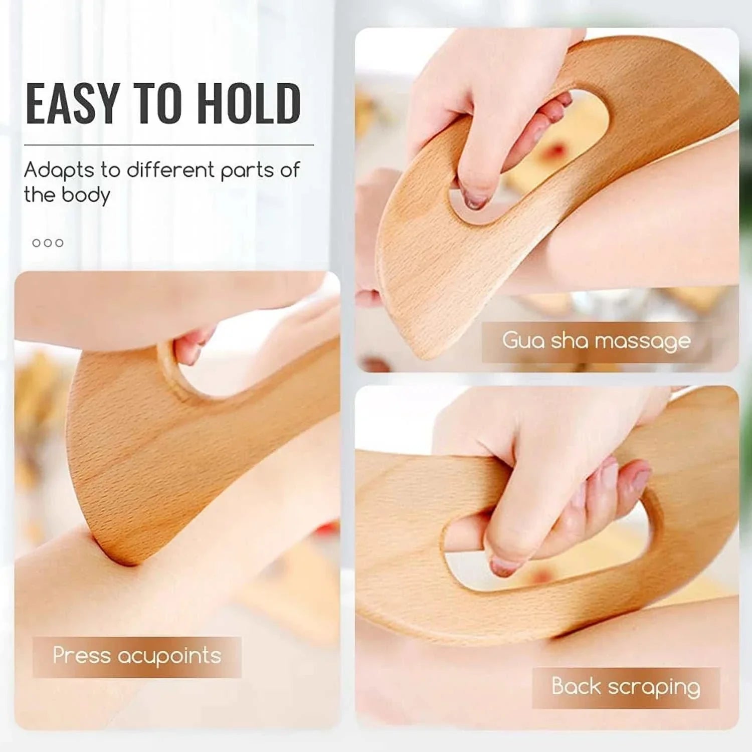 Wooden Gua Sha Tool with ergonomic handle for easy grip, used for massage, acupoint pressing, and back scraping to reduce cellulite and promote circulation.