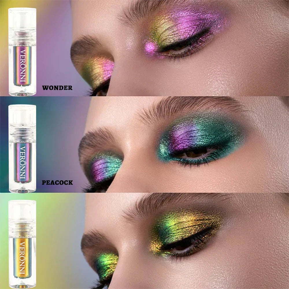 Close-up of eyes featuring vibrant, multichrome Chrome Shifting Chameleon Liquid Eyeshadow in Wonder, Peacock, and gold-green shades with iridescent, color-shifting shimmer.