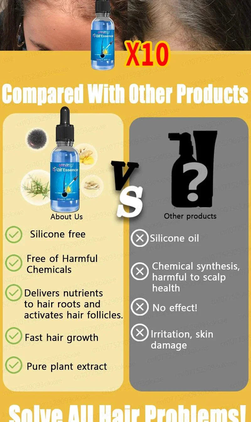 Comparison of Hair Growth Treatment showing benefits like silicone-free, free of harmful chemicals, nutrient delivery to roots, fast hair growth, and pure plant extracts versus other products with silicone oil, harmful chemicals, no effect, and skin irritation.